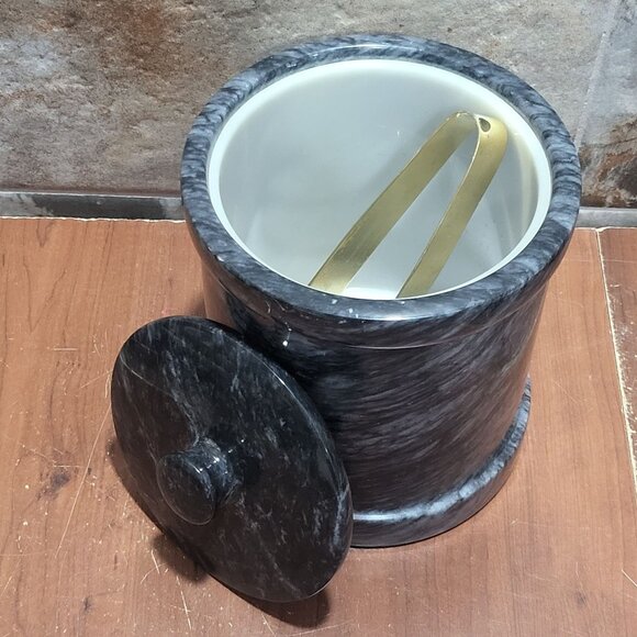 Vintage Dark Grey Heavy Marble Ice Bucket Matching Lid Pair Gold Toned Metal To - Picture 6 of 10